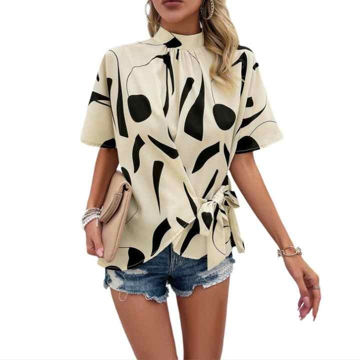 Summer Print Women's Blouses Shirts Short Sleeve Lace up Casual Top for Women