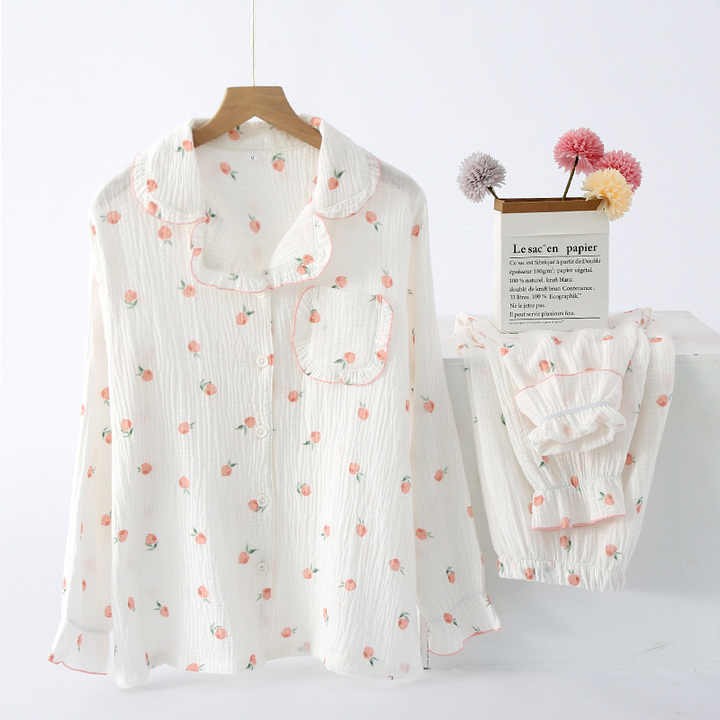 Spring and Autumn Pure Cotton Women's Home Wear, Gauze Japanese-style Cute Lace Collar Thin Long-sleeved Pajama Set